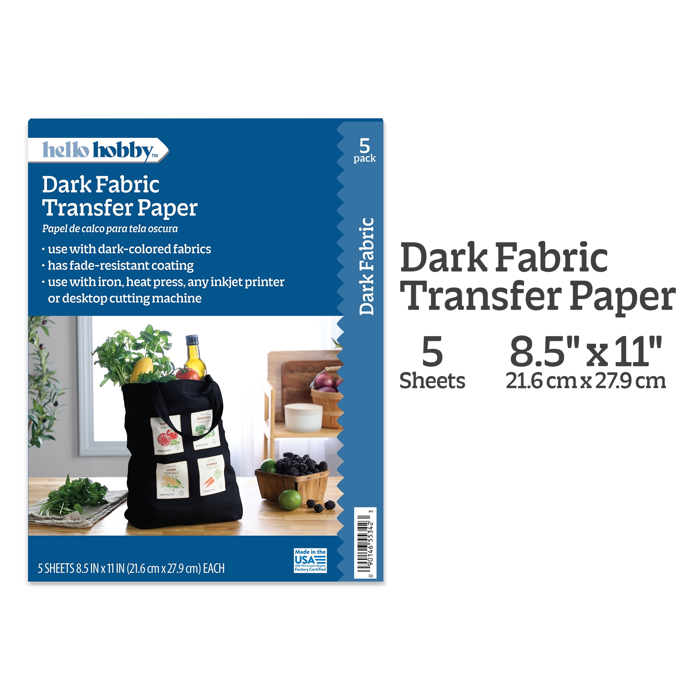 Hello Hobby Dark Fabric Transfer Paper, Inkjet Printable, 8.5" x 11", 5 Sheets