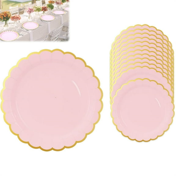 HYG Pink Scalloped Dinner Plates 20 Pcs Disposable Dessert Tray with Gold Foil 9 inch Paper Plates Reliable and Durable for Christmas Holiday Picnic Tea Party Decorations