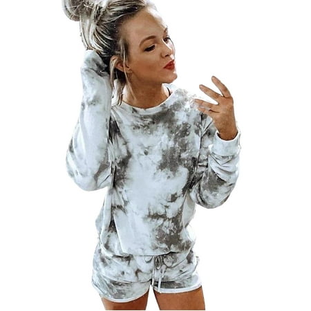

Womens Tie Dye Printed Short Pajamas Set Long Sleeve Tops and Shorts Set Loungewear Nightwear Sleepwear XXL