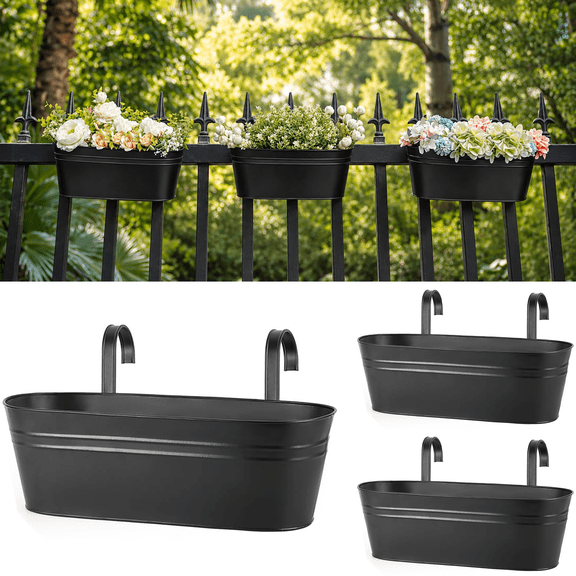 Verdsoeo 3 Pack Metal Railing Planters for Outdoor Plants, 15.8 Inch Balcony Hanging Flower Pots with Detachable Hooks and Drain Holes, Oval Planters for Fence, Garden, Window, Patio, Black