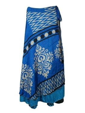 Mogul Women Blue Printed Vintage Silk Sari Magic Wrap Skirt Reversible 2 Layer Sarong Beach Wear Cover Up Long Skirts One Size