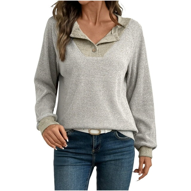 HAiming Women's Splicing Tops Button V-Neck Casual Long Sleeve Color Block Pullover Shirt Blouse Trendy Clothes
