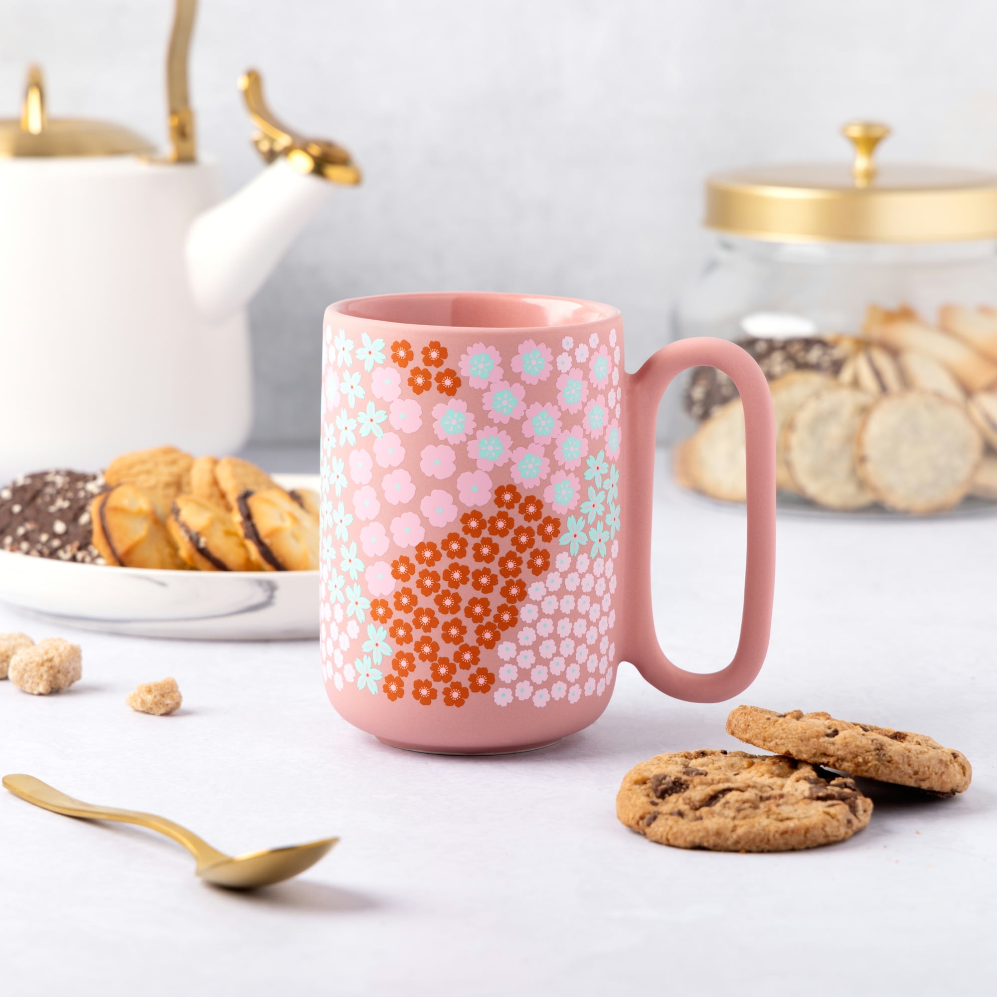 Thyme & Table 19.6 fl oz Pink Flowers Soft Touch Stoneware Mug