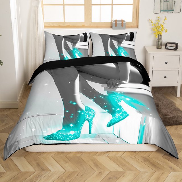 Erosebridal Housse de Couette à Talons Hauts Turquoise Simple, Literie Pailletée Bilbling Taille Simple, Housse de Couette Princesse Rêveuse Simple, Décorative Respirante pour Chambre à Coucher, Réversible, 2 Pcs (Sans Couette)