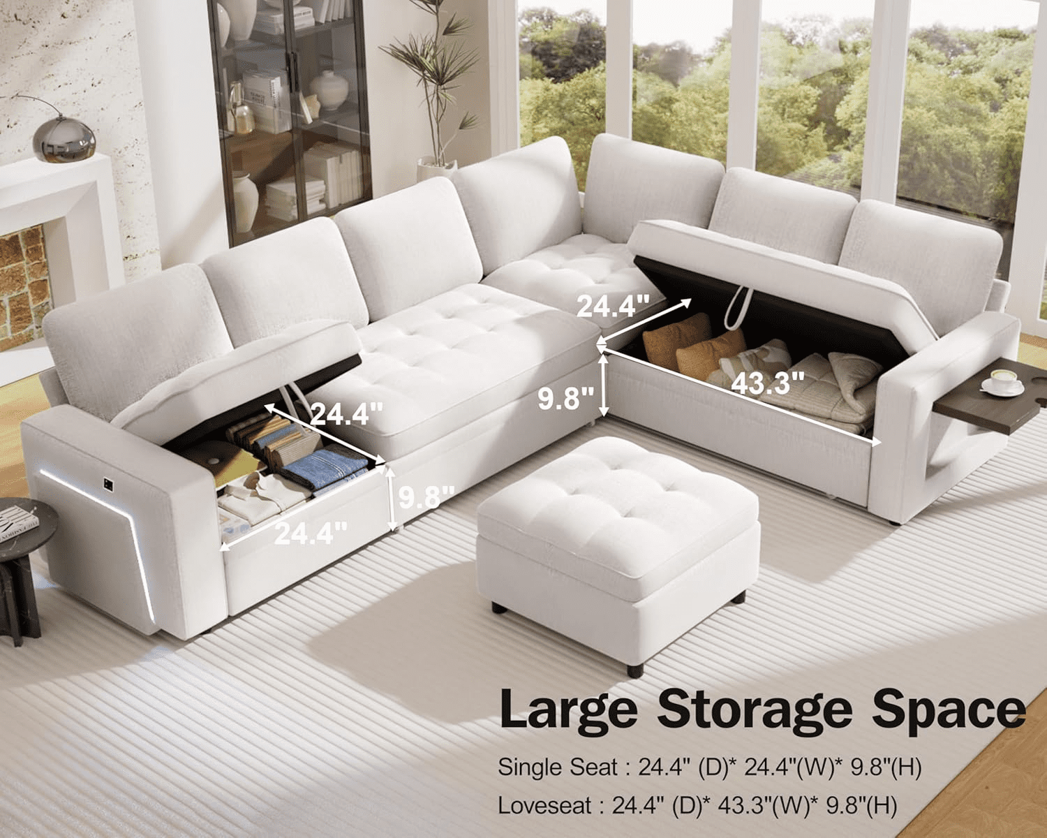 7-Seat Modular Sectional Sofa with Pull-Out Bed, Reclining Backrest, USB Ports, Table, LED Lights & Storage Seats – Tool-Free Assembly, Comfortable Living Room Furniture