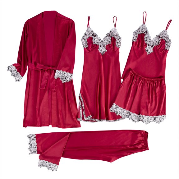 Bovxnpu Silk Satin Pajamas Set Women Two Piece Nightwear,Women's Sleepwear Long Pants Tops Pajamas Five Piece Set Home