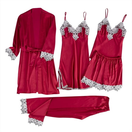 

Pajamas for Women Silk Pajama Set 5pcs Cami Top Shorts Nightgown Sleepwear Robe Sets Cute Satin Lounge Pjs for Women