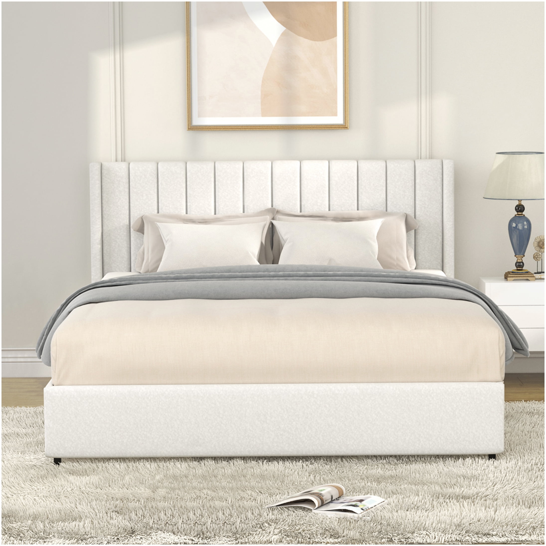 Ivory Queen Upholstered Storage Bed Frame with Wingback Headboard, 4 Large Drawers, Wood Slat Support, No Box Spring Needed