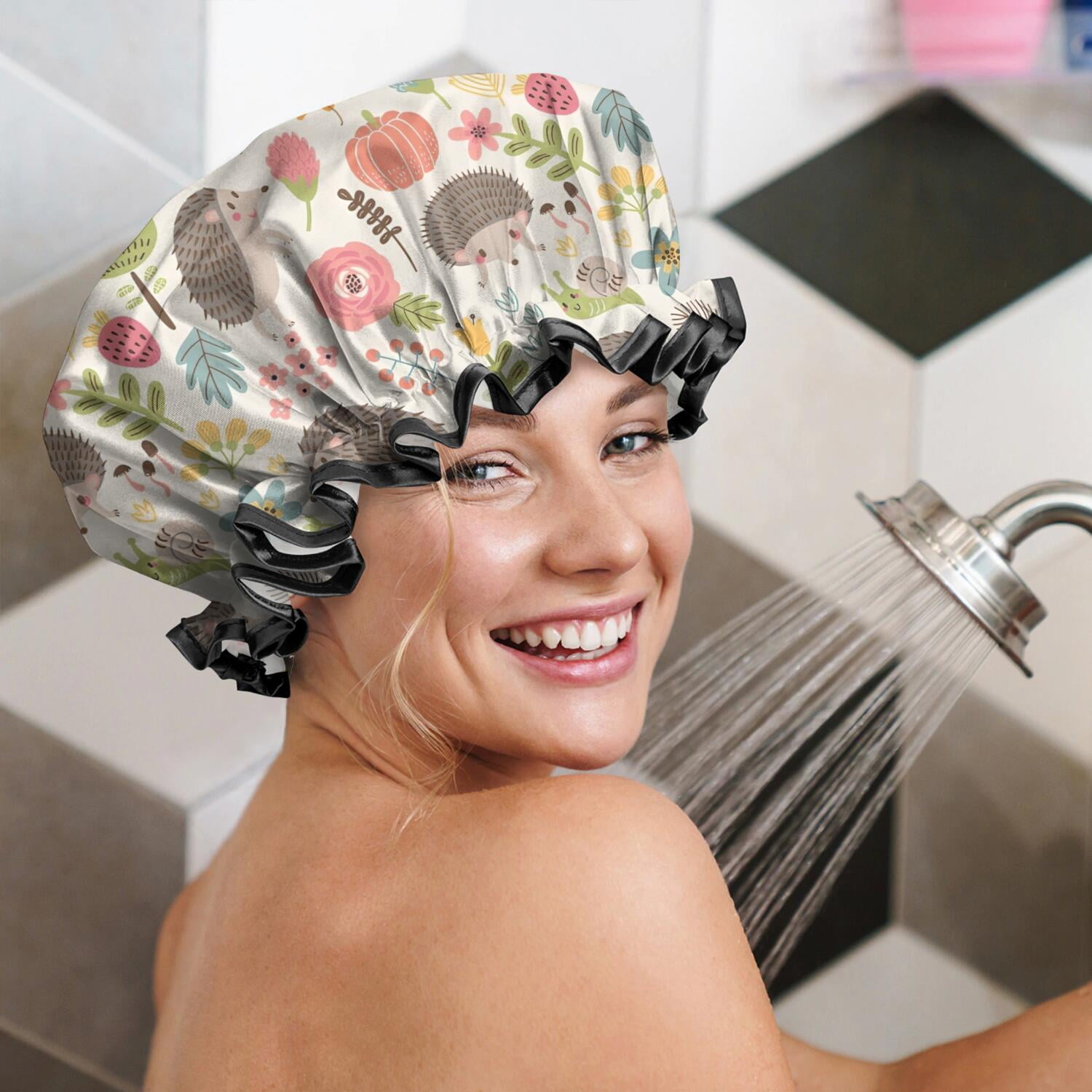 Shower Caps,Cute Hedgehog Pattern with Pioneer Flower Waterproof Shower Cap for Women 4 Pieces,Double Reusable Hair Cover for Shower PEVA Elastic Stretch Hem
