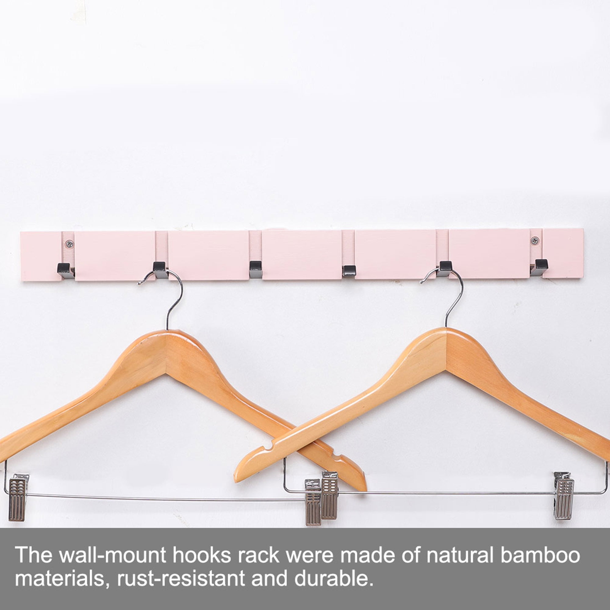 Wall Mounted Hook 6 Hooks Foldable Rack Bamboo Coat Handbags Hanger with Screw Pink