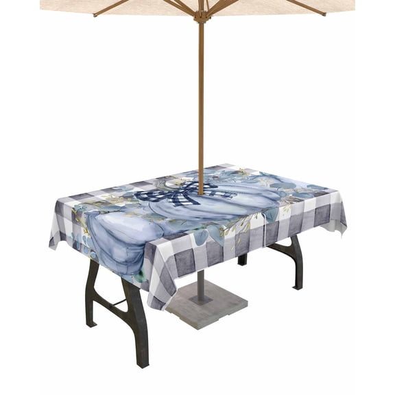 Fsddascl Blue Pumpkins Fall Thanksgiving Outdoor Tablecloth - 52x70 Inch Rectangle Dining Table Cover, Black Plaid Watercolor Waterproof Outdoor Table Cloth with Umbrella Hole & Zipper for Patio