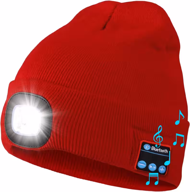 Red, variant on LED Headlamp Cap with Headphones and Built-in Speaker Mic, Unisex USB Rechargeable Bluetooth Beanie Hat with Light, Winter Knitted Music Hat