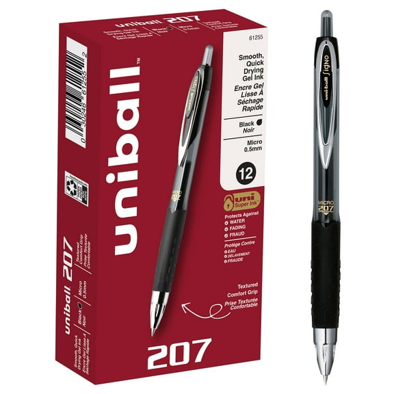 uni-ball 207 Retractable Gel Pens, Micro Point, Black, Box of 12
