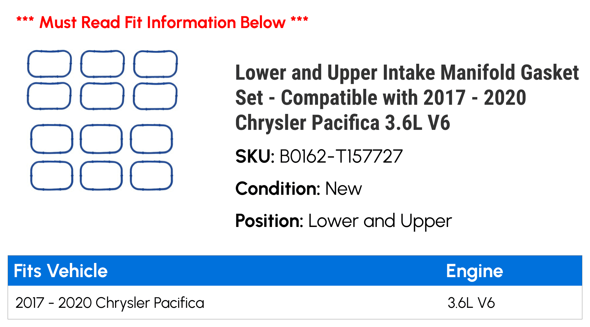 Lower and Upper Intake Manifold Gasket Set - Compatible with 2017 - 2020 Chrysler Pacifica 3.6L V6 2018 2019