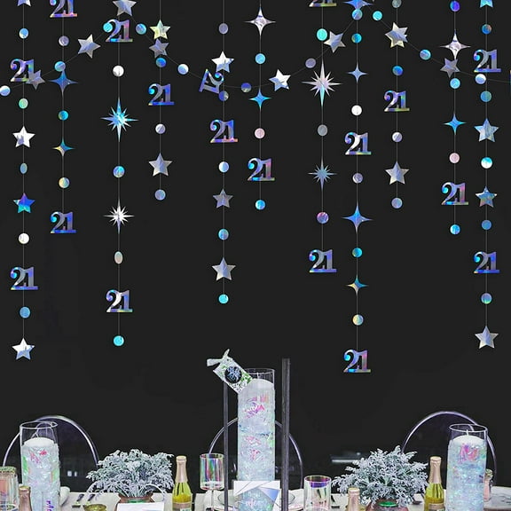 Cheerland Iridescent Number 21 Circle Dot Twinkle Star Garland Metallic Holographic Hanging Streamer Bunting Banner