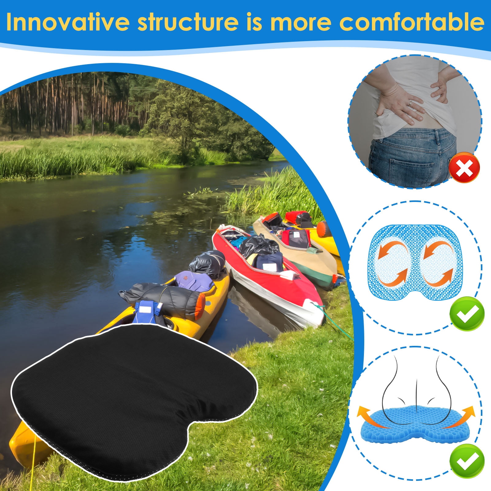 Kayak Gel Seat Cushion Nonslip Inflatable Boat Seat Pad Waterproof Breathable Canoe Cushion for Home Office Travel