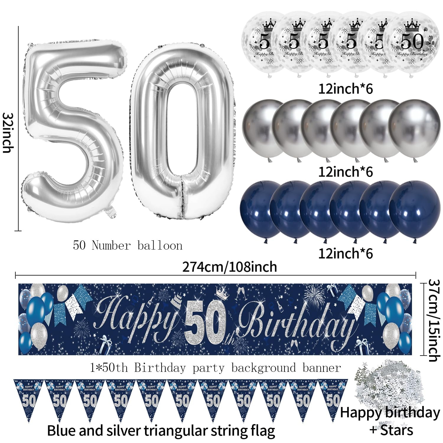 50. Geburtstag Deko Set Für Männer – Banner, Ballons, Konfetti In Blau/Silber