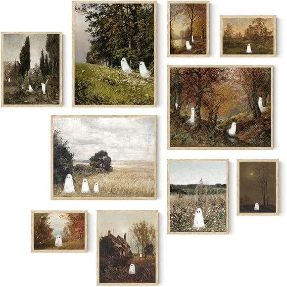 shiyou-Vintage Ghost Halloween Wall Art Prints Canvas Artwork Aesthetic Farmhouse Pictures Poster Cute Painting Landscape Retro Spooky Fall for Home Bedroom Living Room Decor (UNFRAMED)