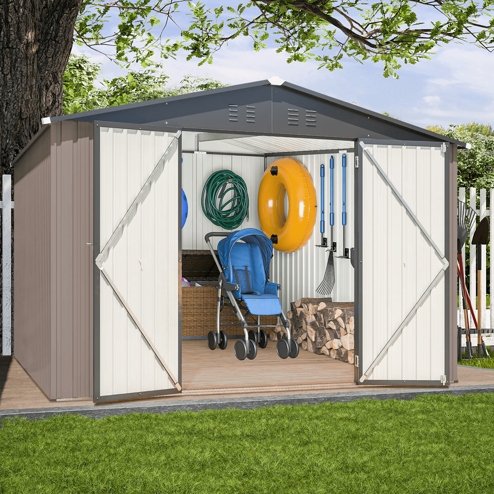 10 x 10 FT Outdoor Metal Storage Shed, Steel Garden Shed with Double Lockable Door, Tool Storage Shed for Backyard, Patio & Lawn Brown