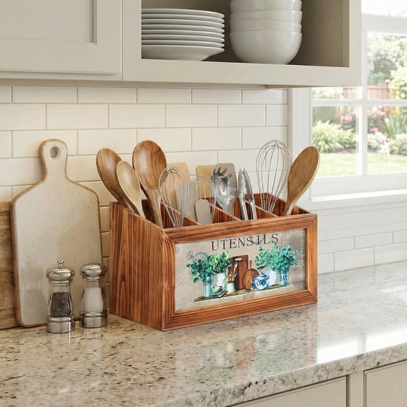 Atopoler Extra Large Kitchen Utensil Holder,Wood Multifunctional Cutlery Caddy,4 Compartments with Bottom Drain Hole for Home Kitchen,Vintage