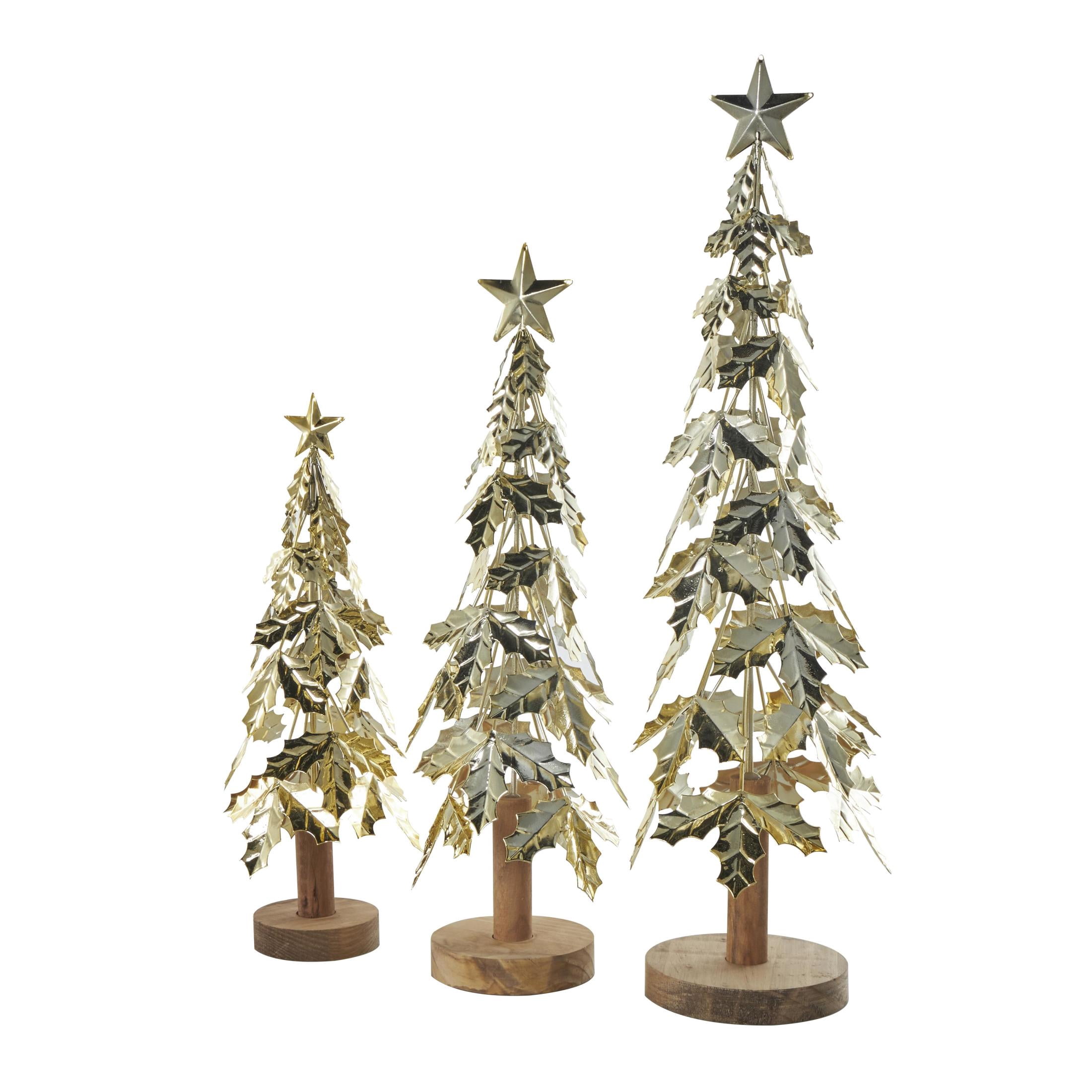 22", 18", 14"H Gold Metal Holiday Holly Leaf Tree Christmas Sculpture with Wooden Base and Star Topper, by DecMode (3 Count)