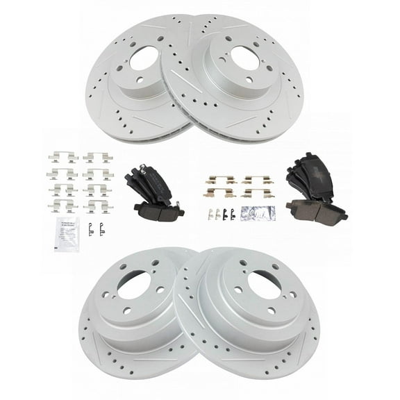 TRQ Front and Rear Performance Brake Pad & Rotor Kit Brake Pads Brake Rotors Set Semi-Metallic Premium G-Coated Fits Select 2002-2003 Subaru Impreza