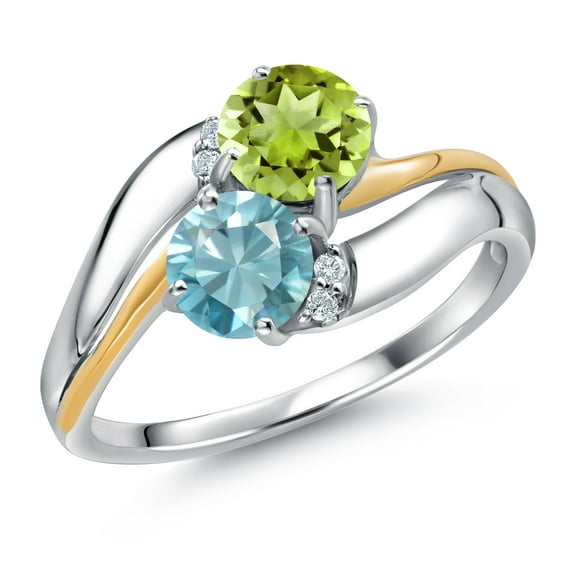 Gem Stone King 925 Sterling Silver and 10K Yellow Gold Blue Zircon Green Peridot 5MM Round 2 Stone and Lab Grown Diamond Accent Ring for Women (1.43 Cttw, Gemstone December Birthstone, Size 7)
