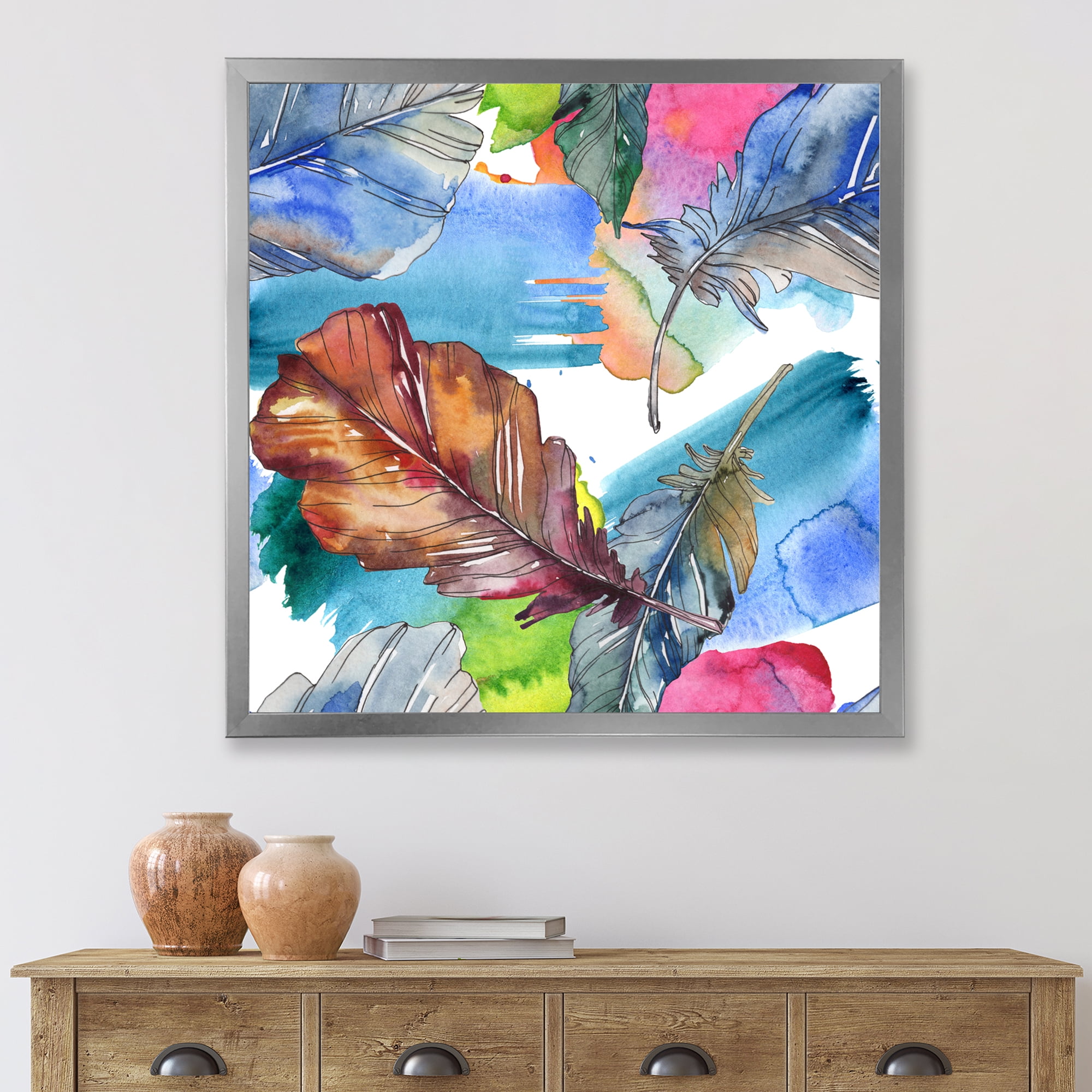 Designart 'Bird Feather In Pink and Blue' Traditional Framed Art Print