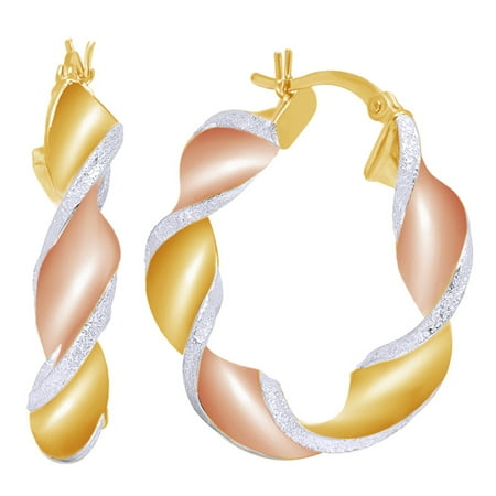 Wishrocks Tri Tone Twist Hoop Earrings 14k Yellow Gold Over Sterling