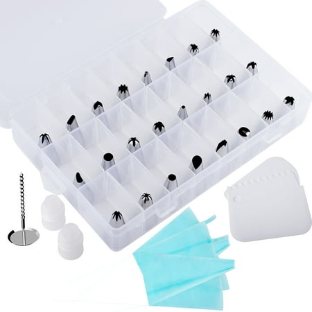 32Pcs Piping Cake Decorating Supplies Set, 24 Piping Icing Tips, 2 Silicone Pastry Bag, 1 Flower Nails, 3 Icing Smoothers, 2 Reusable Plastic Couplers Baking Supplies Frosting Tools for Pastry