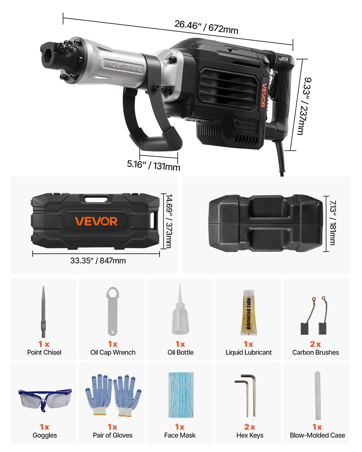 3000W High-Power Electric Jack Hammer, 1700 BPM Demolition Breaker with Point Chisel & Full Safety Set (Gloves, Goggles, Case) for Concrete, Wall, Tile Work