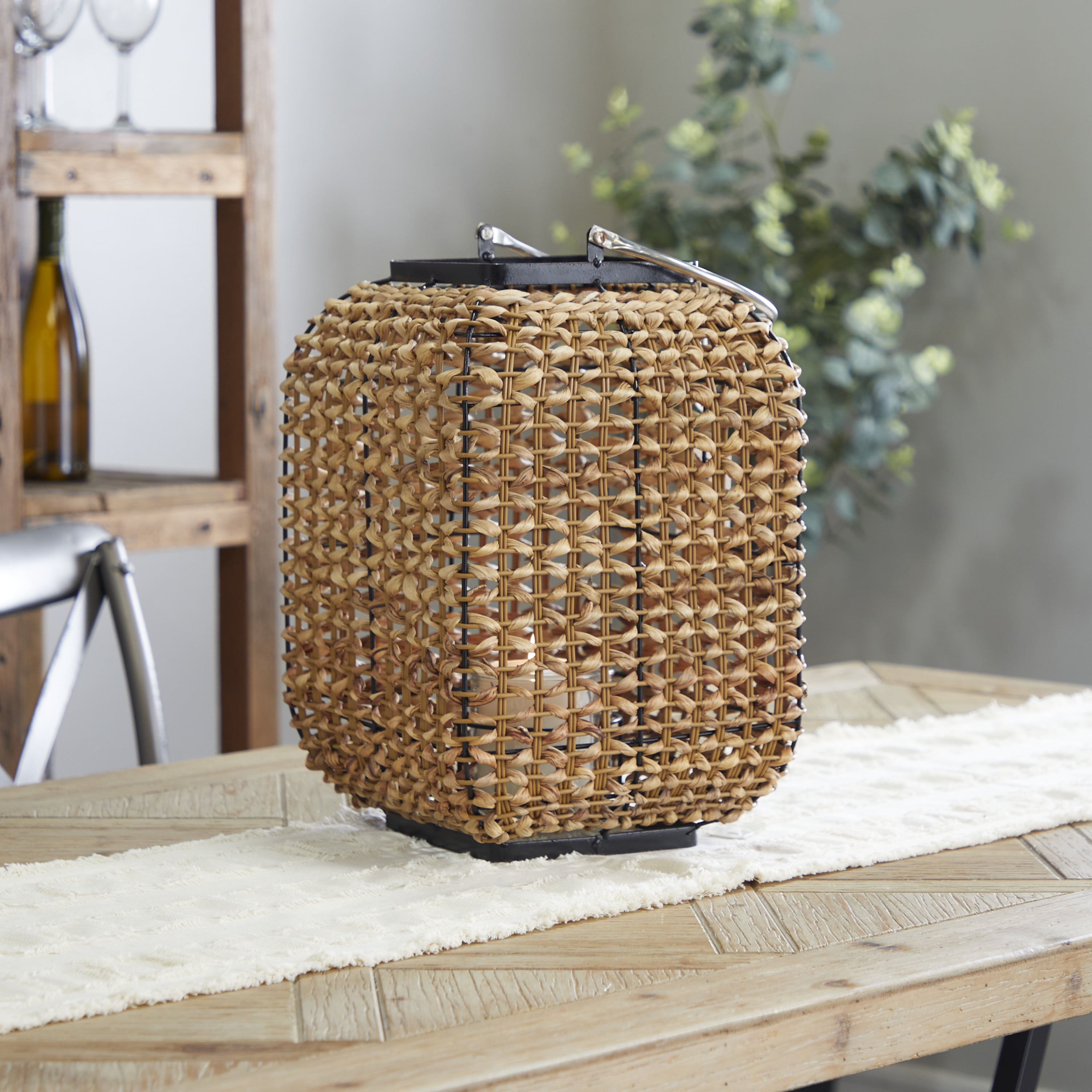 DecMode Brown Dried Plant Handmade Decorative Candle Lantern with Glass Holder and Handle
