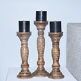 thumbnail image 2 of Handmade Mango Wood Eco-friendly Traditional Medium Burnt Set Of Three 12",15" & 12" Pillar Candle Holder, 2 of 7