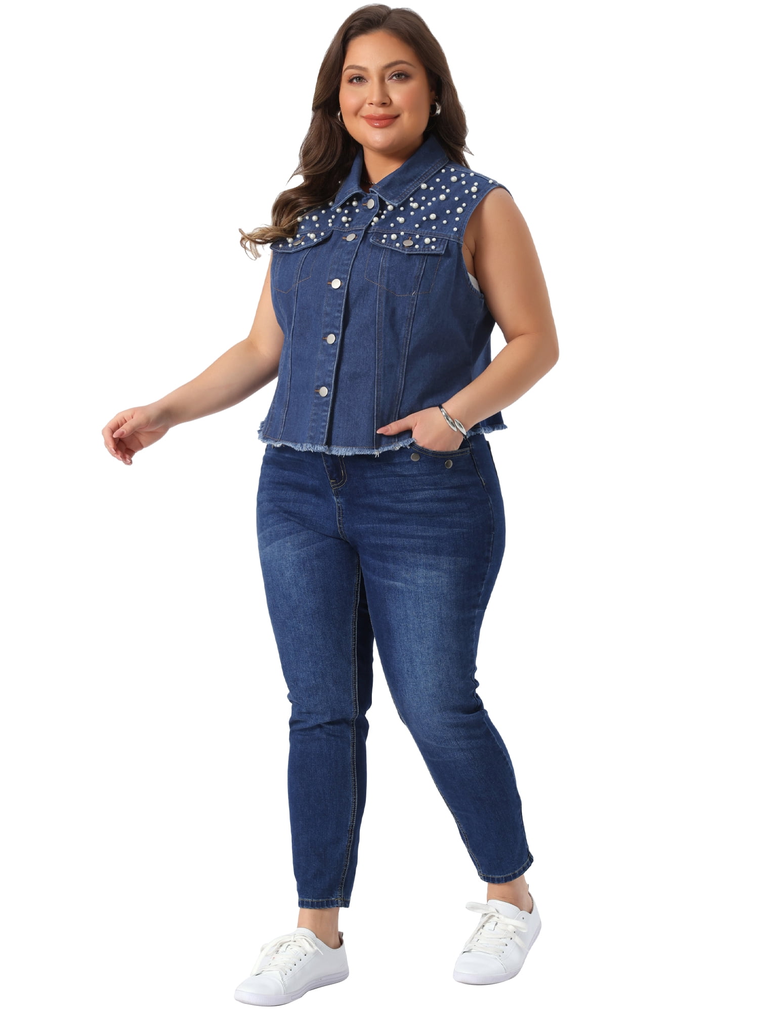 DARING DIVA Women's Plus Size Embroidered Pearl Frayed Denim Vest 2X Blue