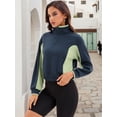 thumbnail image 3 of DARING DIVA Women's Quarter Zip Pullover Cropped Sweatshirt S Navy Blue Green, 3 of 7