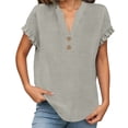 thumbnail image 6 of MOJOGO Women's Ruffle Short Sleeve Tops V Neck Linen Blouse Loose Quarter Button Up Shirts Loose Casual Summer Tops, 6 of 7