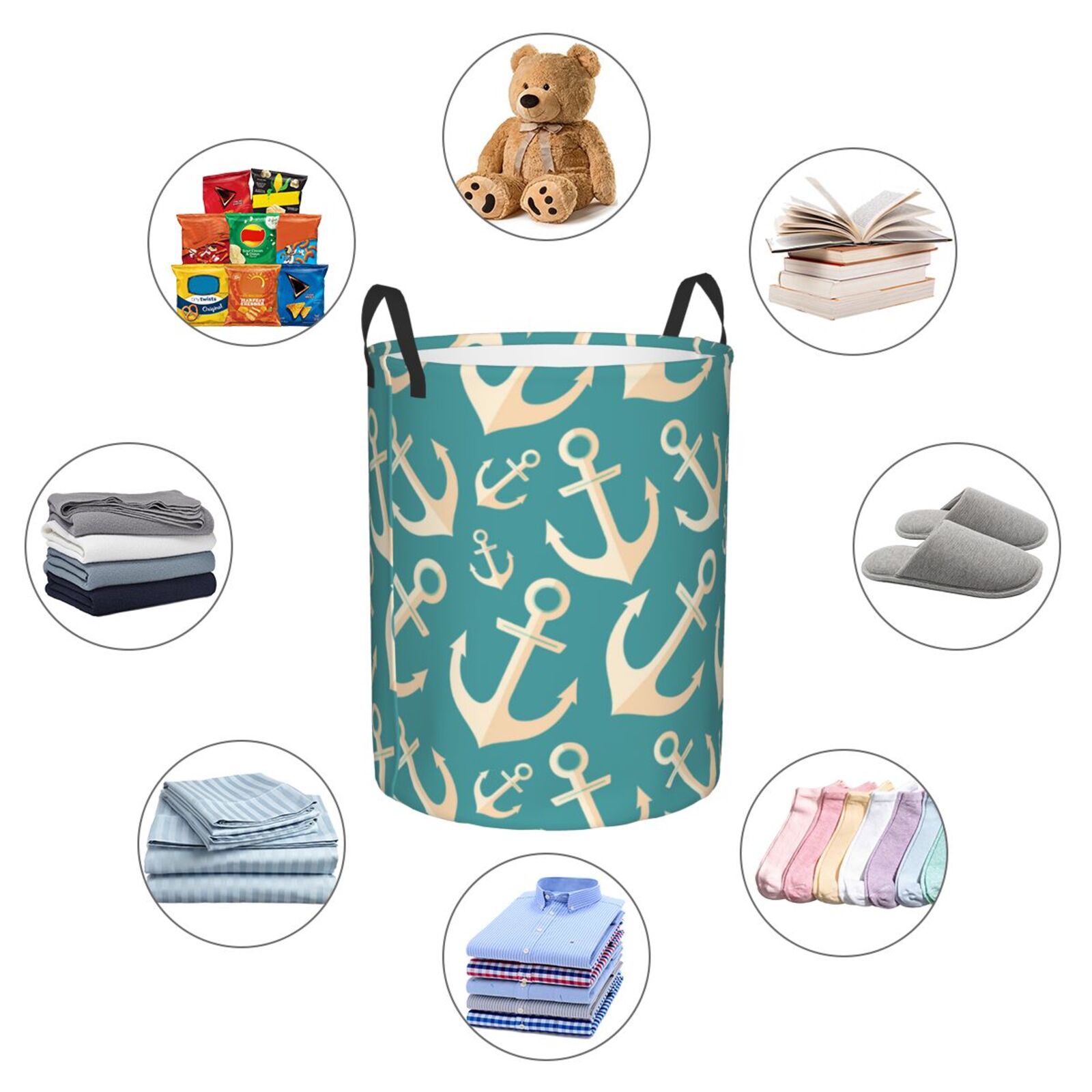 Large Laundry Basket with Handles - Anchor blue print aesthetic Kids Baby Dirty Clothes Laundry Hamper for Bedroom Aesthetic