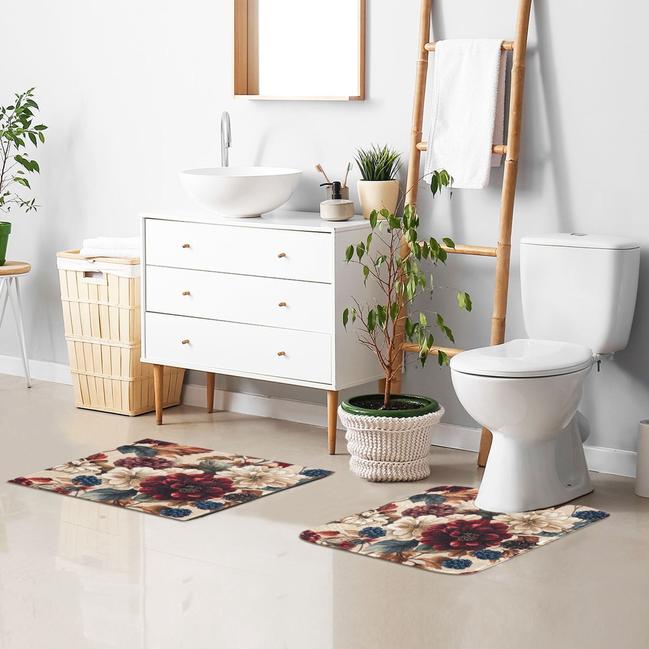 2 Piece Soft Bathroom Rug Set Burgundy Hydrangeas Bath Mat and U-Shaped Toilet Contour Rug (16"x24"+20"x24")