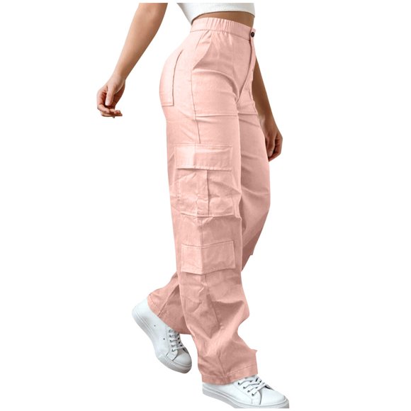 yardsong Women's Stretchy Y2K Parachute Cargo Pants High Waisted Multi Pockets Baggy Streetwear Pants Pink,S