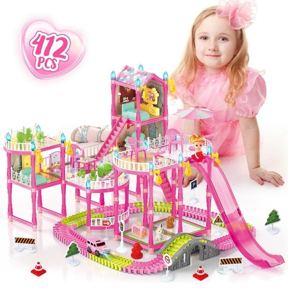 UQN Dollhouse Kit for Girls Ages 3-8, 412PCS Pink Castle Toys with Slide, Track, Lights, DIY 3 Rooms 6 Balconies Furniture, Birthday Pretend Play Toys Gift for Girls Kids 4 5 6 7 8 Year Old