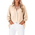 thumbnail image 2 of Women's Striped Button Up Shirts with Smocked Long Sleeve Lapel Collar Loose Fit Dressy Casual Trendy Blouses (L, Khaki), 2 of 6