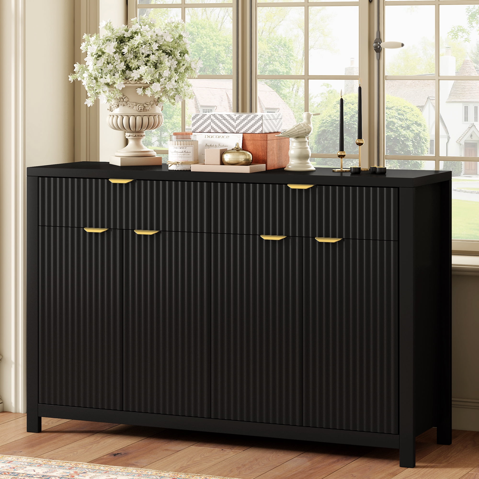 Euroco Sideboard Buffet Cabinet with 2 Drawers,55" Large Storage Cabinet with Adjustable Shelves and 4 Doors,Wood Coffee Bar Cabinet for Dining Room,Living Room,Hallway,Black