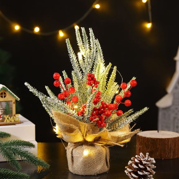 12-inch Lighted Tabletop Christmas Tree | Mini Artificial Holiday Tree with Red Berries & Pine Cones | Burlap Sack Base for Home, Office, or Desk Decor