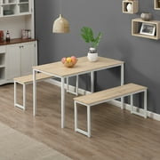 Modern Kitchen Dining Table Set with Benches for 4, Small Spaces, Wood and Metal - 3 Piece Set(White)