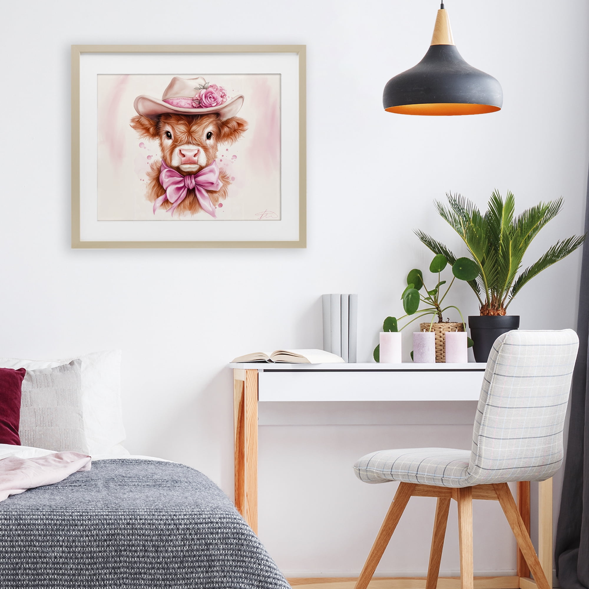 Pretty In Pink Cow Birch Framed Print Under Glass, design by Shawna Stewart