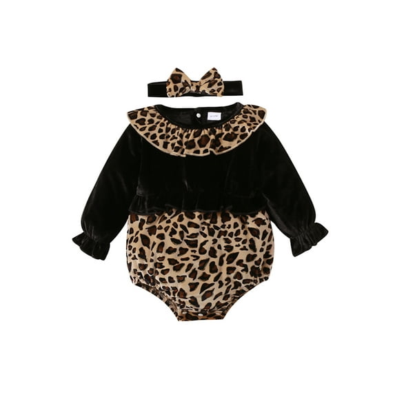 Qiylii Baby Girl Leopard Romper, Long Sleeve Romper with Headband
