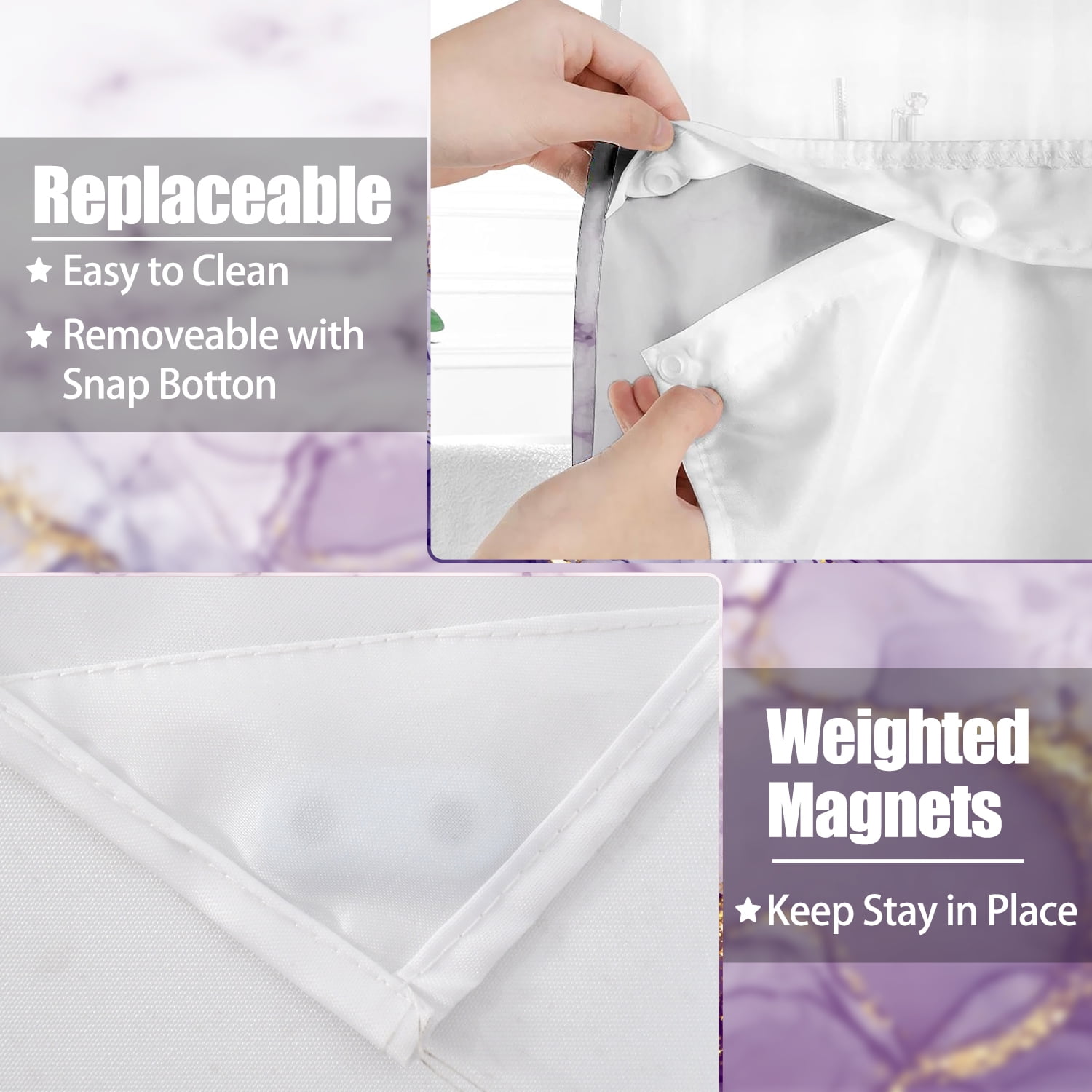 Mizhona Shower Curtain with Liner Purple Marble No Hook Shower Curtain for Bathroom ,71"x74"