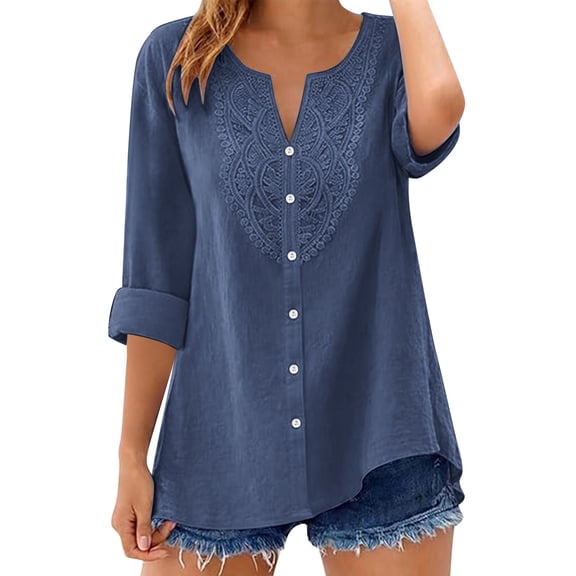 Ruimatai Women's Casual Lace Embroidered Blouses 3/4 Sleeve V Neck Button Down Linen Tops for Summer Daily Wear