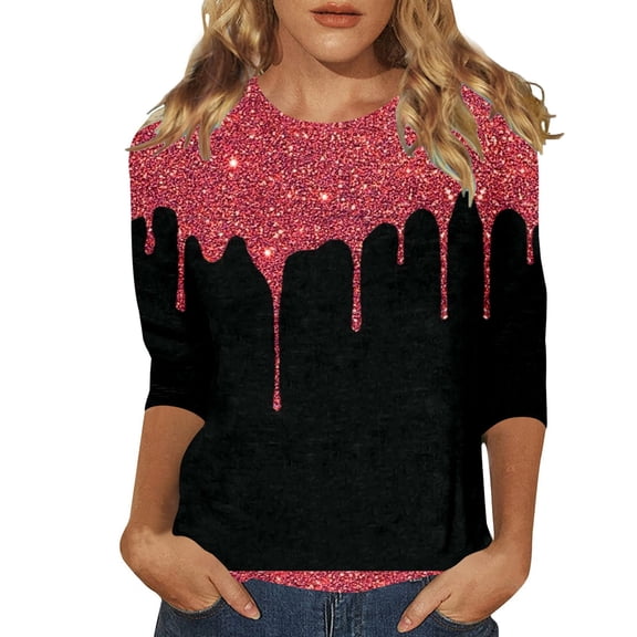 Spring Tops for Women Sparkly Graphic Three Quarter Sleeve Fashion Glitter Design Ladies Clothing,Red,3XL