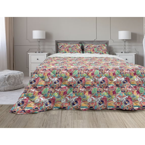 Hipster Comforter & Sham Bedding Set, Funky Pattern with Various Hipster Elements Urban Subculture Clothes Accessories, 3 pcs Duvet Set Microfiber Filling Quilt, 5 Sizes, Multicolor, by Ambesonne